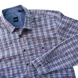 Hugo Boss Men’s Dress Shirt XXL Blue Purple Plaid Long Sleeve Button Up Casual